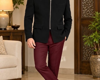 Herren-Bandhgala-Jacke, formeller Mantel mit goldenem Reißverschluss, Outfit für Hochzeitsgäste, indische Designerjacke