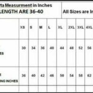 May include: A chart detailing men's kurta measurements in inches. The chart includes sizes from XS to 7XL, with chest sizes ranging from 30 to 68 inches and shirt chest sizes with loose fitting from 36 to 74 inches. All size lengths are 36-40 inches.