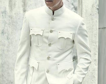 men’s Indian Wedding Jodhpuri Suit: Men's Bandhgala Coat, white Designer Outfit