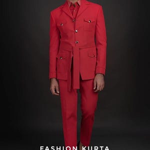 men’s red  Jodhpuri Jacket: Bollywood Nehru Style Waistc pant 2 pc set