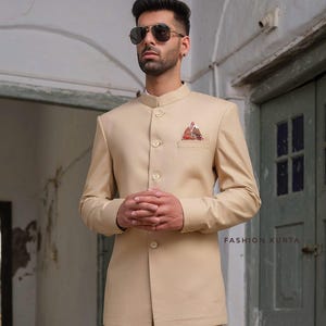 men’s Indian Wedding Jodhpuri Suit: Men&#39;s Bandhgala Coat, Solid Beige Designer Outfit