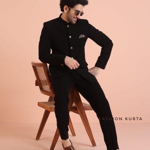Men&#39;s Black Cotton Jodhpuri Suit: Indian Wedding Jacket with Chikankari