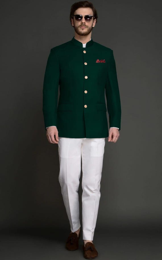men’s Indian Wedding Jodhpuri Suit: Men's Bandhgala Coat, Solid  D green Designer Outfit