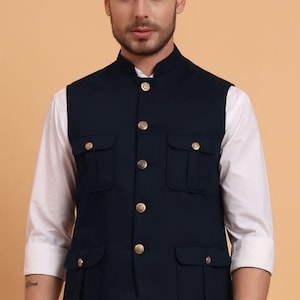 Black Cotton Nehru Jacket: Indian Wedding Coat, wedding party wear dress
