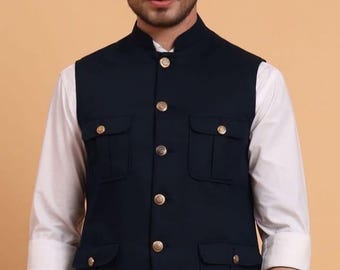Chaqueta Nehru de algodón negro: abrigo de boda indio, vestido de fiesta nupcial
