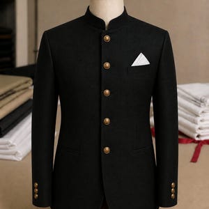 Pode incluir: Um casaco bandhgala preto com gola mandarim alta, cinco botões metálicos dourados na frente e três botões a condizer em cada punho. Um lenço de bolso branco está inserido no bolso esquerdo do peito da peça de vestuário.
