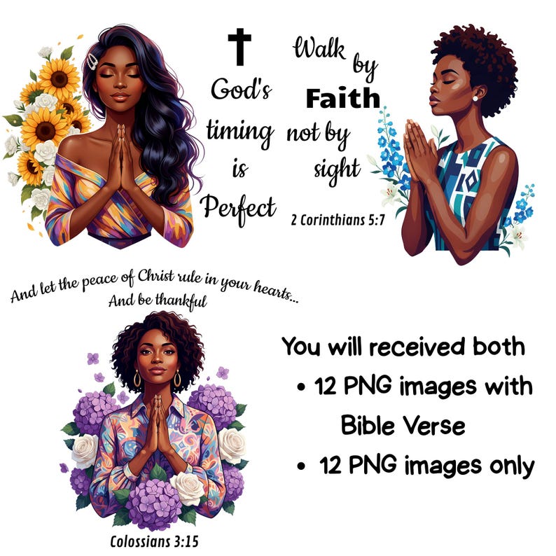 Black woman with sunflower afro praying with Psalm 46:5, God is within her she will not fail artwork. “Praying woman with red curly hair and roses, The Lord is my light and salvation verse Psalm 27:1.