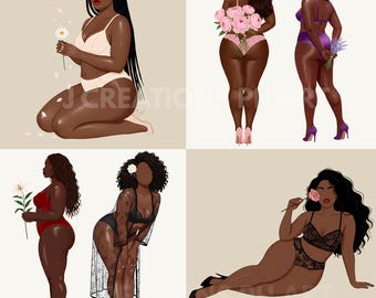 Imágenes prediseñadas de mujer negra con curvas en lencería, chica afro de talla grande PNG, ilustración de cuerpo positivo, mujer con flores de tocador, planificador de diario por sublimación