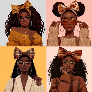 Könnte beinhalten: Vier Illustrationen von schwarzen Frauen, jede mit einem Schleifen-Haarband und Brille. Die Frauen tragen verschiedene Pullover und Oberteile, mit einer warmen Farbpalette aus Gelb-, Braun- und Orangetönen. Die Kunstwerke haben einen digitalen Malstil.