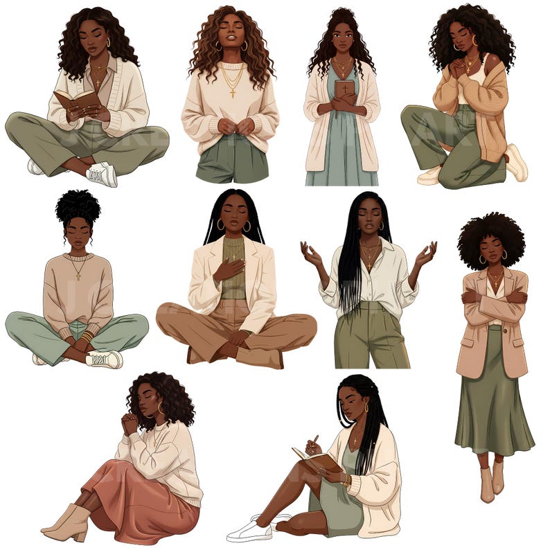 Black Woman Christian Clipart Bundle, Faith Healing Quotes PNG, Mental Health Affirmation, Bible Study Printable, Afro Girl Digital Download image 3
