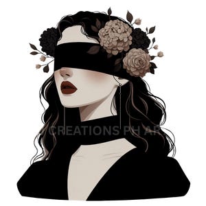 1 geblinddoekte gotische vrouw clipart met bloemen haar, zwarte outfit meisje Halloween ontwerp png, horror kunst, minimalistische clipart voor sublimatie,