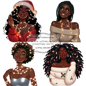 Black Woman Christmas Clipart: Afro Girl PNG, Holiday Fashion (Digital Download), Melanin Girl Illustration for Card Making, Sublimation