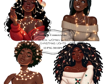 Black Woman Christmas Clipart: Afro Girl PNG, Holiday Fashion (Digital Download), Melanin Girl Illustration for Card Making, Sublimation