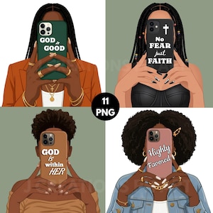 Christian Phone Girl Clipart Bundle, Faith Quotes PNG, Black Woman Aesthetic Art, Faceless Illustration, Digital Download, Commercial Use