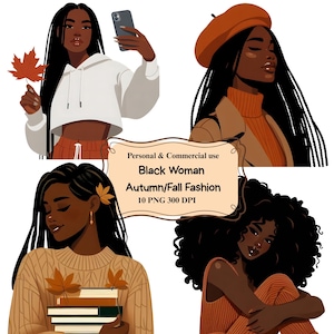 Black Girl Fall Clipart, Autumn Stickers, Cozy Fall Clipart, African American Clipart, Planner Girl, Autumn PNG Sticker Set, Black Woman PNG