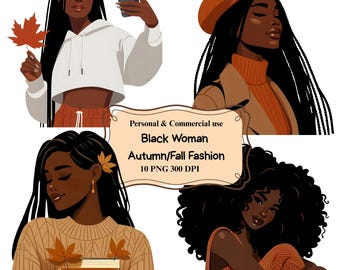 Clipart de otoño de chica negra, pegatinas de otoño, clipart de otoño acogedor, clipart afroamericano, chica planificadora, conjunto de pegatinas PNG de otoño, PNG de mujer negra