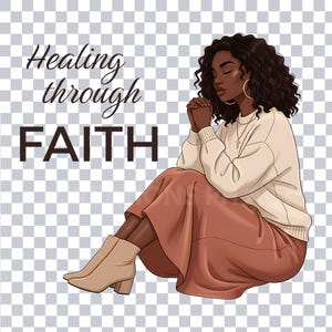 Black Woman Christian Clipart Bundle, Faith Healing Quotes PNG, Mental Health Affirmation, Bible Study Printable, Afro Girl Digital Download image 4