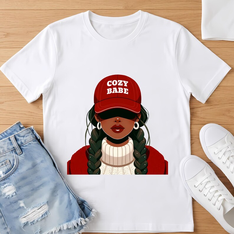 May include: White t-shirt featuring a graphic of a woman wearing a red cap with the text "COZY BABE". The woman has dark skin, black braids, and is wearing a red sweater and a white turtleneck. The shirt is paired with denim shorts and white sneakers.