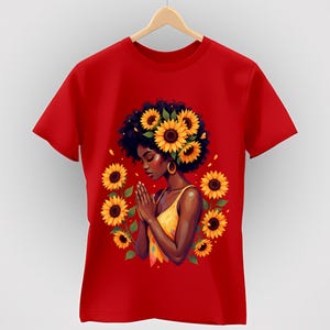 The image is a digital illustration of a smiling woman with dark skin and dark, curly hair. She is facing forward with her hands pressed together in a respectful or meditative gesture. She wears a long-sleeved button-down shirt with a vibrant, multicolored, abstract pattern and large gold hoop earrings. She is framed by large purple hydrangea blossoms and white roses. With text And let the peace of Christ rule in your hearts and be thankful.