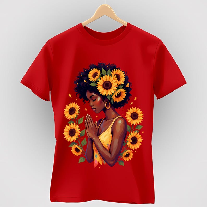 The image is a digital illustration of a smiling woman with dark skin and dark, curly hair. She is facing forward with her hands pressed together in a respectful or meditative gesture. She wears a long-sleeved button-down shirt with a vibrant, multicolored, abstract pattern and large gold hoop earrings. She is framed by large purple hydrangea blossoms and white roses. With text And let the peace of Christ rule in your hearts and be thankful.