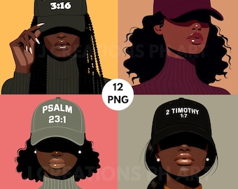 12 Black Woman Bible Verse Cap Clipart Bundle, Christian Afro Girl PNG, Faith Sublimation, African American Church Art, Digital Download