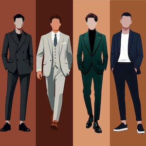 May include: Illustration of four figures in suits. The first figure wears a dark gray double-breasted suit with black shoes. The second figure is in a light gray suit with a patterned tie and brown shoes. The third figure wears a dark green suit with a black turtleneck and black shoes. The fourth figure is in a navy suit with a white shirt and black shoes.