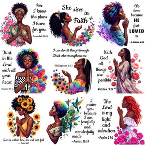 We love because he first loved us text. “Black woman with floral afro praying, Trust in the Lord scripture with all your heart artwork Proverbs 3:5-6. Afro woman holding floral circle with Philippians 4:13 verse, Christian strength clipart PNG with text I can do all things  through Christ who strengthens me. “Praying Black woman with pink roses and Matthew 19:26 Bible verse, faith themed illustration with text With God all things are possible.