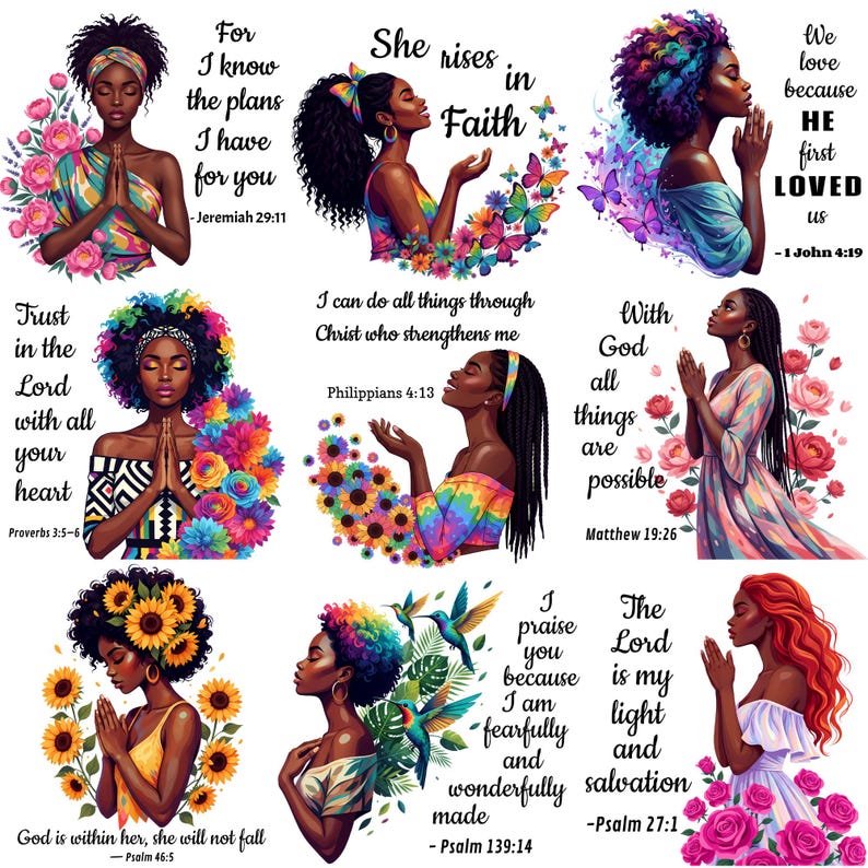 We love because he first loved us text. “Black woman with floral afro praying, Trust in the Lord scripture with all your heart artwork Proverbs 3:5-6. Afro woman holding floral circle with Philippians 4:13 verse, Christian strength clipart PNG with text I can do all things  through Christ who strengthens me. “Praying Black woman with pink roses and Matthew 19:26 Bible verse, faith themed illustration with text With God all things are possible.