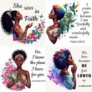 Puede incluir: Cuatro ilustraciones cuadradas que representan a mujeres negras con citas inspiradoras y detalles florales y de mariposas. Las citas incluyen: "Ella se levanta en la fe", "Te alabo porque soy maravillosamente hecho", "Porque yo sé los planes que tengo para ti" y "Nosotros amamos porque ÉL nos amó primero".