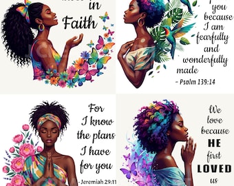 Black Woman Praying Bible Verse Clipart, Christian Inspirational PNG Bundle, American Afro Girl, Spiritual Printable, Faith Scripture Crafts