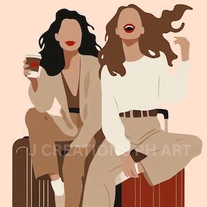 2 reizen bestie clipart, meisjes reis illustratie, anonieme vrouw reizen png, modieuze vrouw reiziger kunst, meisje met bagage, sublimatie