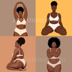 May include: A digital art print with four panels depicting a Black woman in white lingerie in various poses. She has dark skin, black curly hair, and gold hoop earrings. Each panel has a different solid colour background: brown, yellow, and two shades of tan.