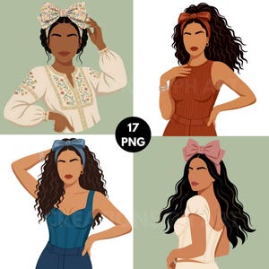 May include: Four illustrations of women with dark skin and curly hair, each wearing different outfits and accessories. One wears a floral headband and embroidered blouse. Another has a red headband and dress. A third wears a blue headband and corset top. The last has a pink bow and off-white dress.
