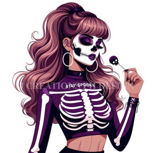 Purple Gothic Halloween Girl Clipart: Skeleton Woman PNG, Spooky Illustration