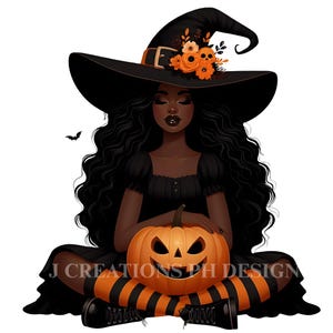 Sorcière noire des cliparts Halloween, sorcière fille numérique PNG, femme effrayante à la mode mignonne, Art d'Halloween afro-américain pour sublimation, autocollants