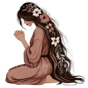 Floral Praying Woman Clipart, Spiritual Girl PNG (Instant Download)