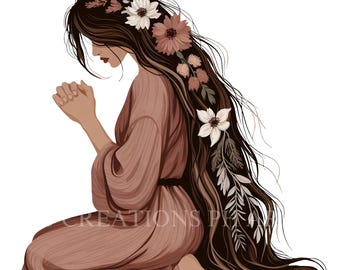 1 Floral Praying Woman Clipart of Spiritual Girl PNG with Flowers for Journals and Wall Art, Instant Download, Faith Praying Woman Kneeling
