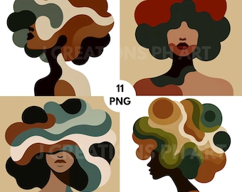 11 Abstract Black Woman Clipart PNG Bundle, Afro Boho Melanin Girl Art, Faceless Minimalist Illustration, Sublimation, Digital Download