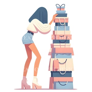 3 Clipart di una ragazza che fa shopping in difficoltà, illustrazione di una donna con borse della spesa, download digitale di PNG per piccole imprese