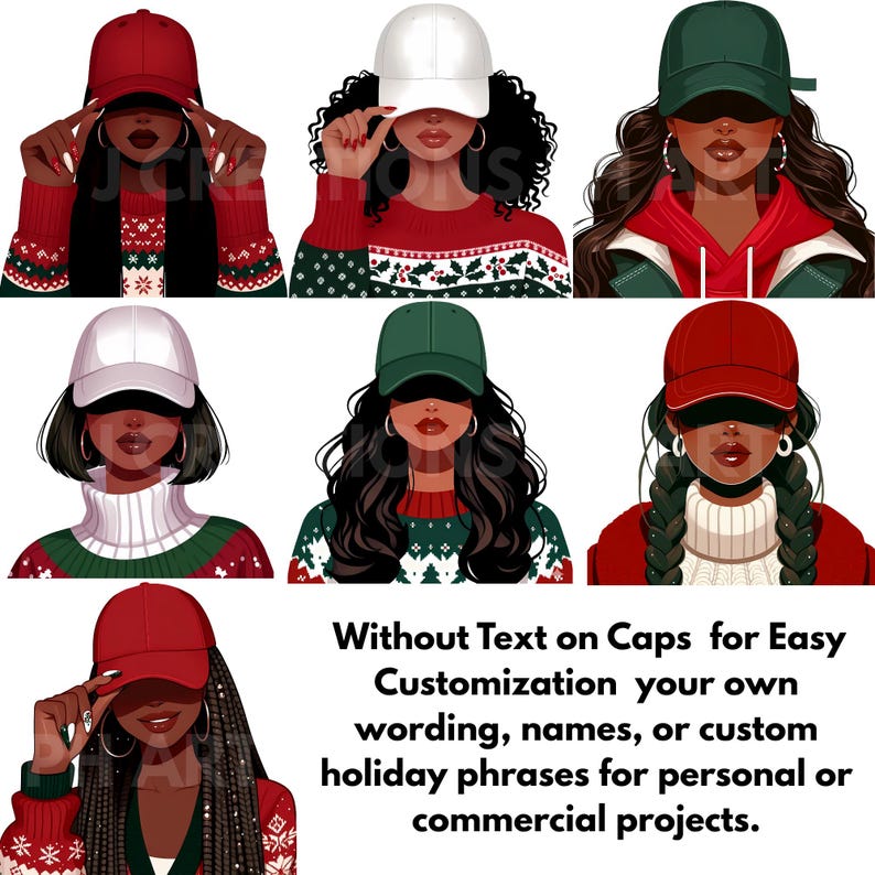 May include: Digital illustrations of women wearing baseball caps in various colors, including red, white, and green. The women are also wearing holiday sweaters. The text on the image says, "Without Text on Caps for Easy Customization your own wording, names, or custom holiday phrases for personal or commercial projects."