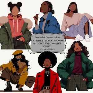 17 Faceless Black Woman PNG, Cozy Winter Girl Clipart Bundle, Melanin Clipart, Black Girl Fashion Fall Outfit, Digital Download, Printable