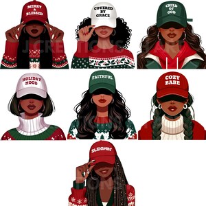 Faceless braided woman wearing Cozy Babe red cap and winter turtleneck Christmas PNG. Faceless braided black woman touching red Sleighin Christmas cap with festive nails PNG.