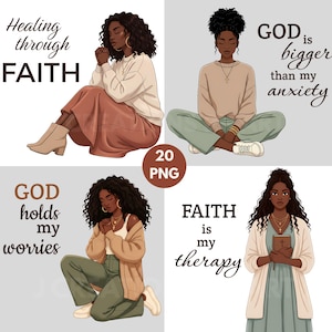 Schwarze Frau Christian Clipart Bundle, Glaube Heilung Zitate PNG, Affirmation für psychische Gesundheit, Bibelstudie druckbare, Afro Mädchen digitaler Download