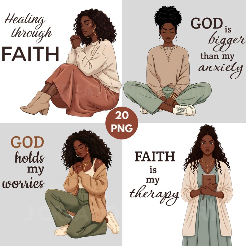 Black woman praying illustration healing through faith christian quote. Black woman reading bible find rest in his word illustration. Christian black woman god has a plan inspirational illustration. Faith is my therapy Christian woman holding bible clipart.  God is healing me black woman inspirational faith illustration.