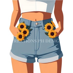 3 girasoles en un bolsillo de mezclilla, ilustración floral de bolsillo, estética floral minimalista, arte de moda moderno para diario y scrapbooking.