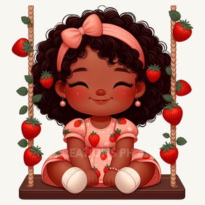 Può includere: Illustrazione di un bambino sorridente su un'altalena. Il bambino ha la pelle scura, i capelli ricci e indossa un vestito rosa con motivi a fragola. L'altalena è decorata con fragole e viti, e il bambino indossa una fascia e orecchini rosa.
