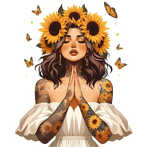 4 Tattooed Sunflower Woman Praying Clipart Bundle, Flower Crown Woman PNG, Praying Girl Clipart, Sunflower Clipart for Sublimation, Journal