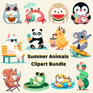 Summer Animals Clipart for Summer Cute Animal Beach Kawaii Summer, High Quality PNG 300 DPI, Digital Download, Stickers, Sublimation, Card