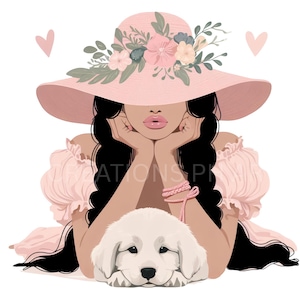 6 Blumen Mädchen und Hund Clipart, rosa gesichtslose Frau mit Welpe, Minimalistische Clipart für Sublimation, Aufkleber, Wandkunst, Journals, Kartenherstellung