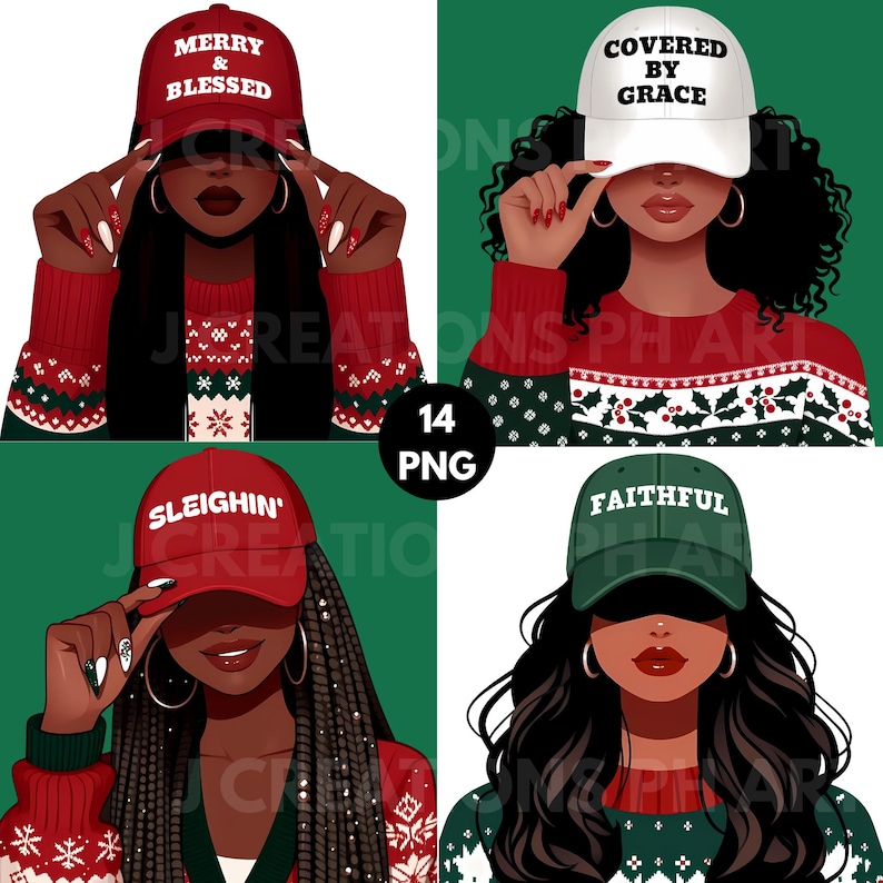 Faceless black woman wearing red Christmas cap with Merry and Blessed text and festive sweater PNG. Faceless curly hair black woman with white cap Covered By Grace Christmas PNG illustration. Faceless black woman wearing green Child Of God cap with winter fashion outfit PNG. Faceless woman with bob haircut wearing Holiday Mood Christmas cap and winter sweater PNG. Faceless black woman wearing green Faithful cap and cozy Christmas sweater PNG.